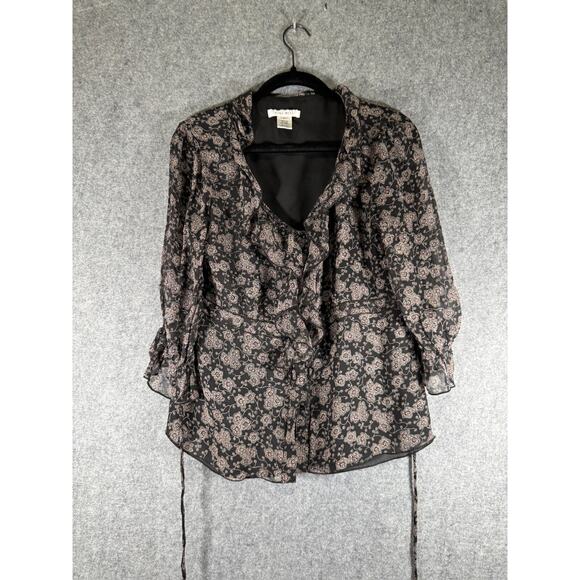 Nine West Blouse Women 10 Black Ruffle Button Front Whimsigoth Ruffle Fairy - Picture 1 of 7